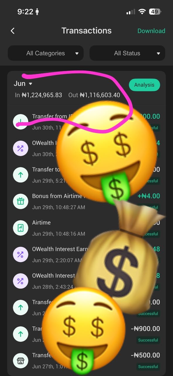 Transaction history showing over one million naira earned in a month
